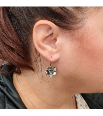 E000829 Genuine Sterling Silver Earrings Flowers On Hook Solid Hallmarked 925 Handmade